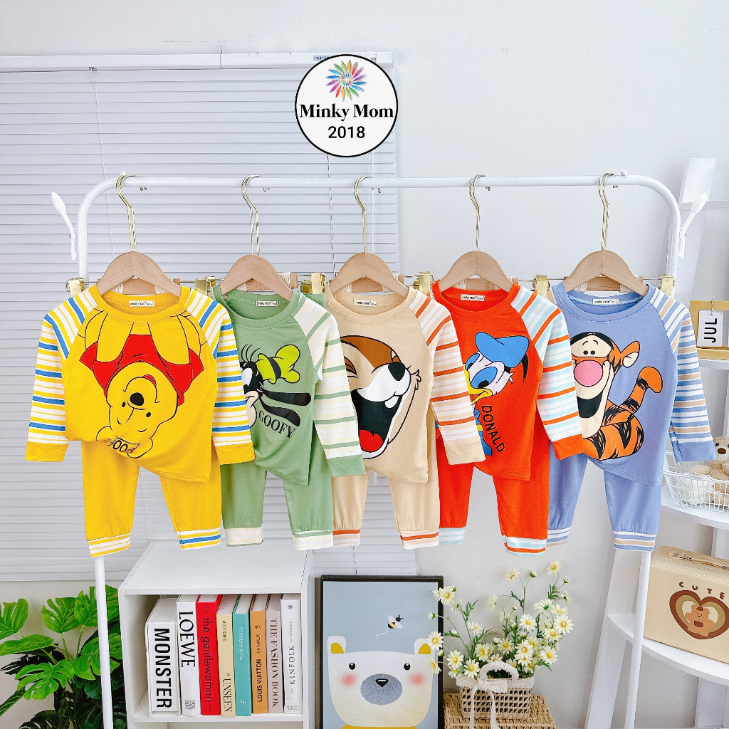 Bộ Đồ Dài Tay Thun Lạnh MINKY MON In Động Vật Dễ Thương Năng Động Cho Bé 7-19Kg