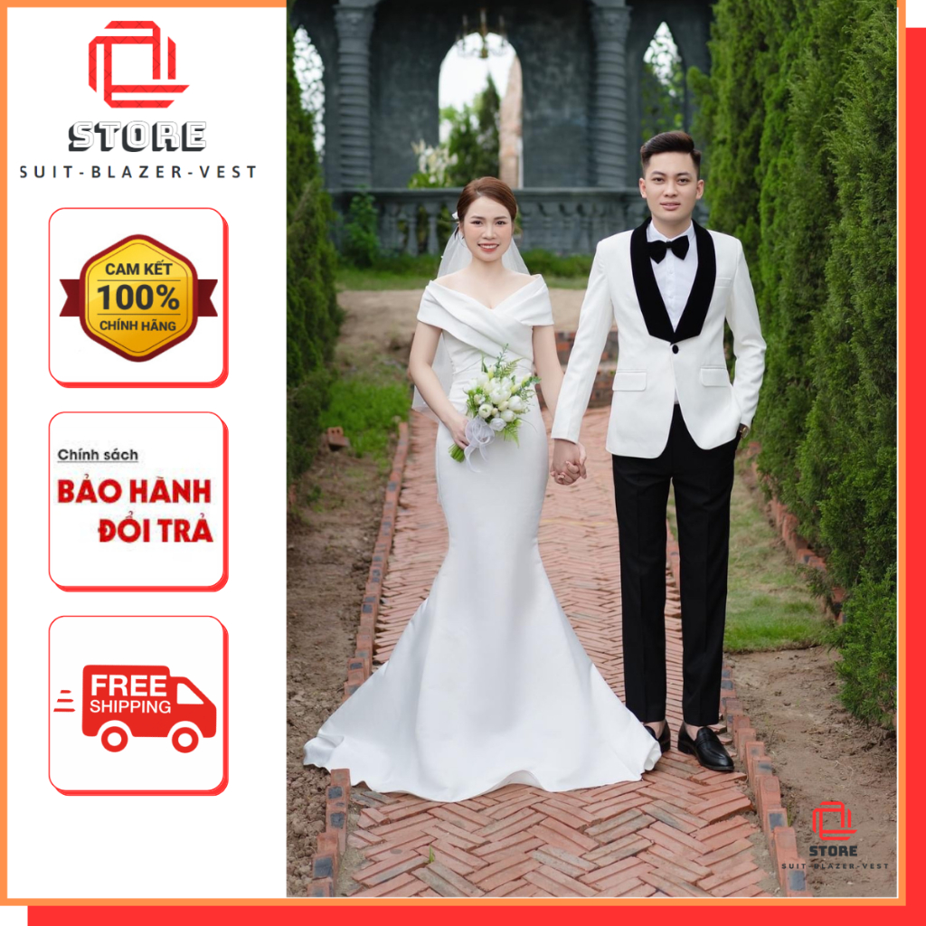 Bộ vest nam Tuxedo mặc ngày cưới Màu Trắng Ve Sam Phối Phi Chuẩn Form cao cấp (áo+quần) full size