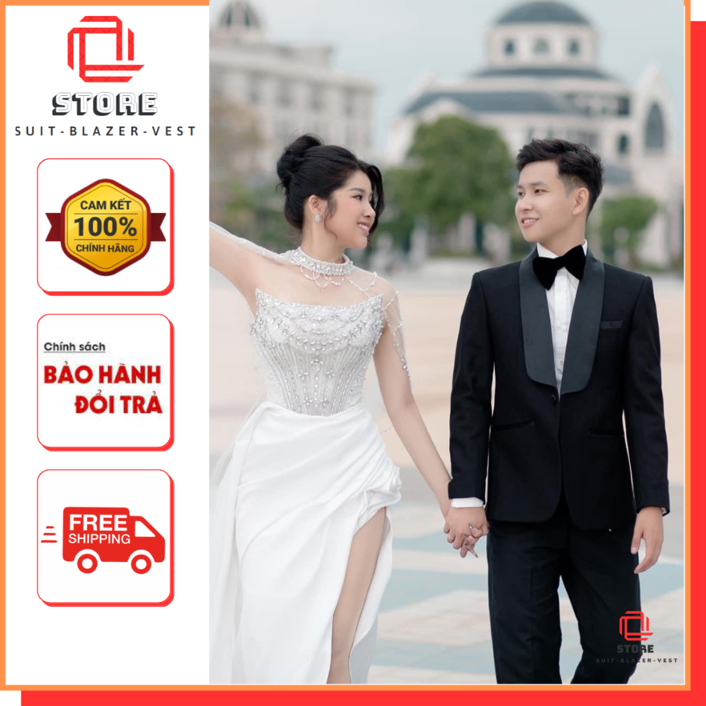 Bộ vest nam mặc Tuxedo ngày cưới Màu Đen Ve Sam Phối Phi Chuẩn Form cao cấp (áo+quần) full size