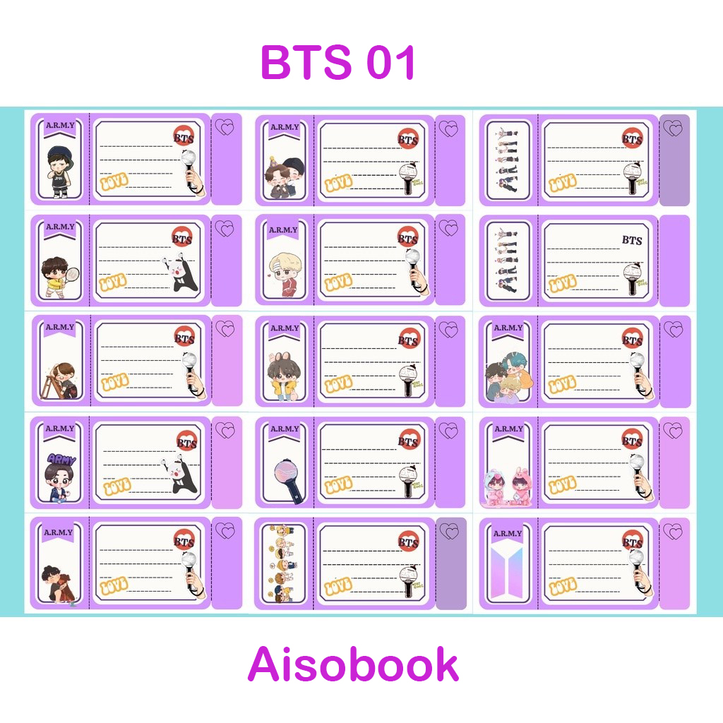 Nhãn Vở BTS Set 15 Nhãn Vở Độc Đáo Hình Thần Tượng Jungkook, Jimin, V, J-Hope, Suga, Jin, RM Aisobook - NHANBTS