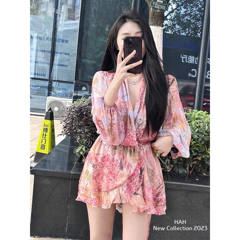 Jum tơ rút eo hoạ tiết hoa sang chảnh có kèm quần đi chơi