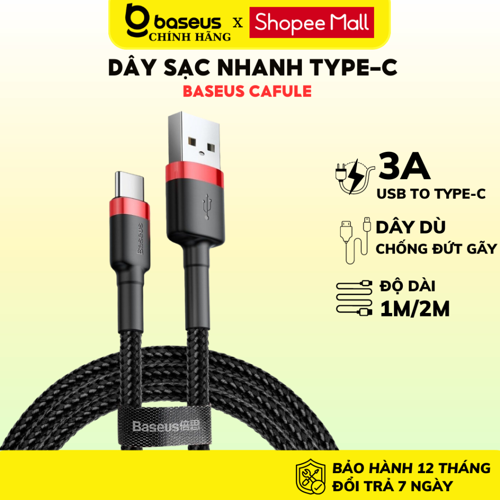 Cáp sạc nhanh Type C Baseus Cafule dây dù siêu bền 1m 2m dùng cho Samsung xiaomi oppo