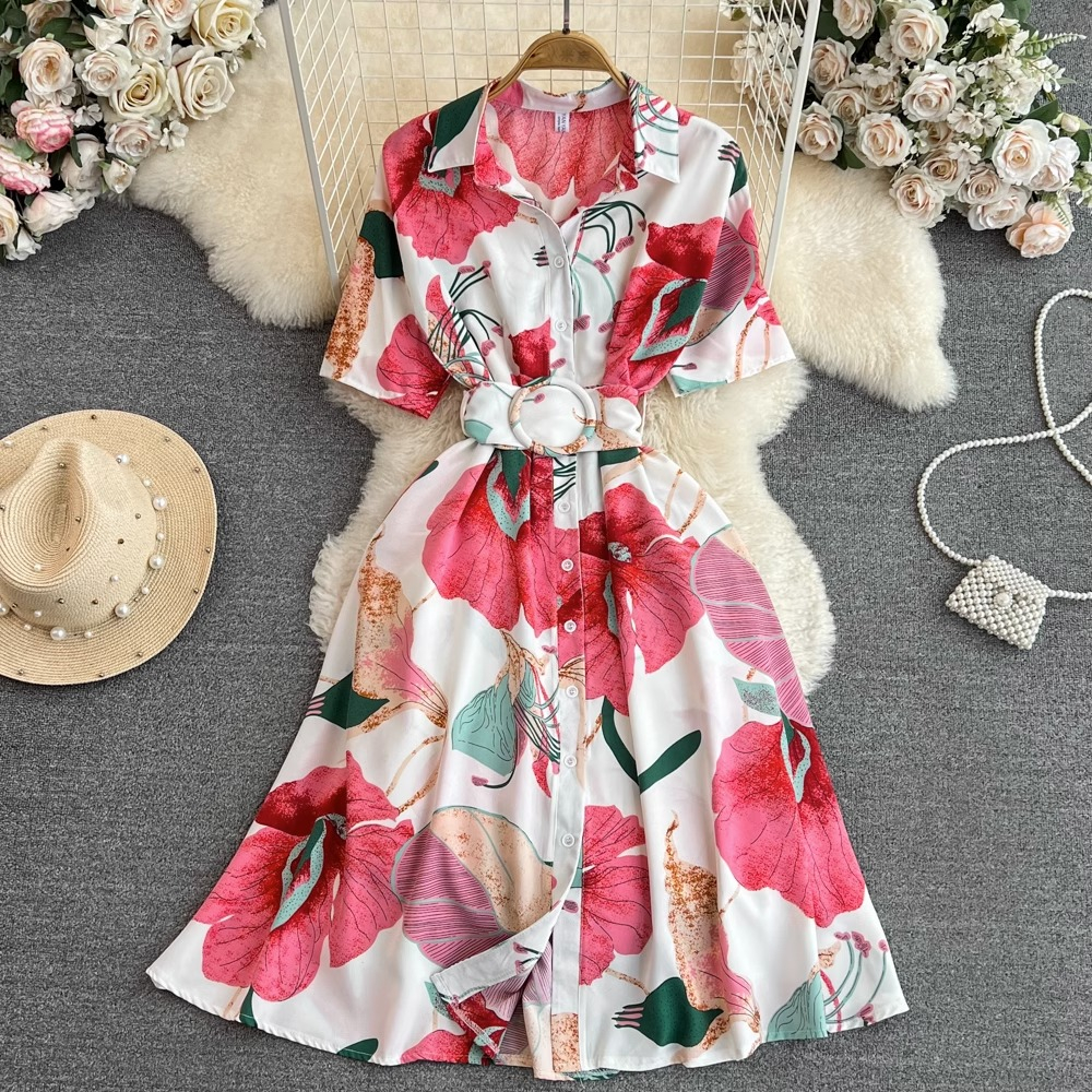 Đầm tay ngắn cổ sơ mi kèm thắt lưng siêu xinh