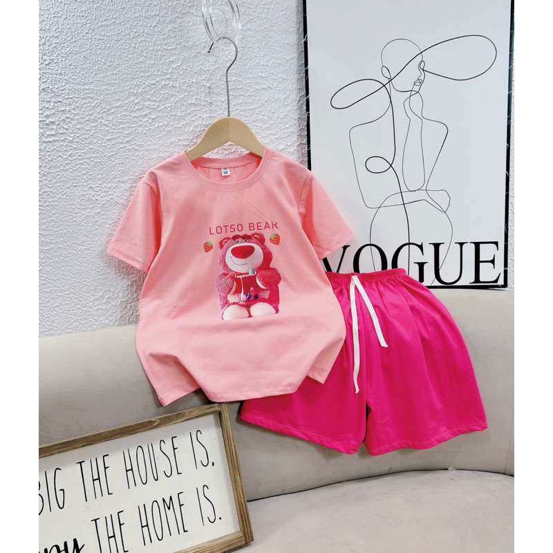 Đồ bé gái, set bộ cộc tay bé gái gấu dâu LOTSO BEAR chất cotton mịn mát, bộ quần áo bé gái mùa hè