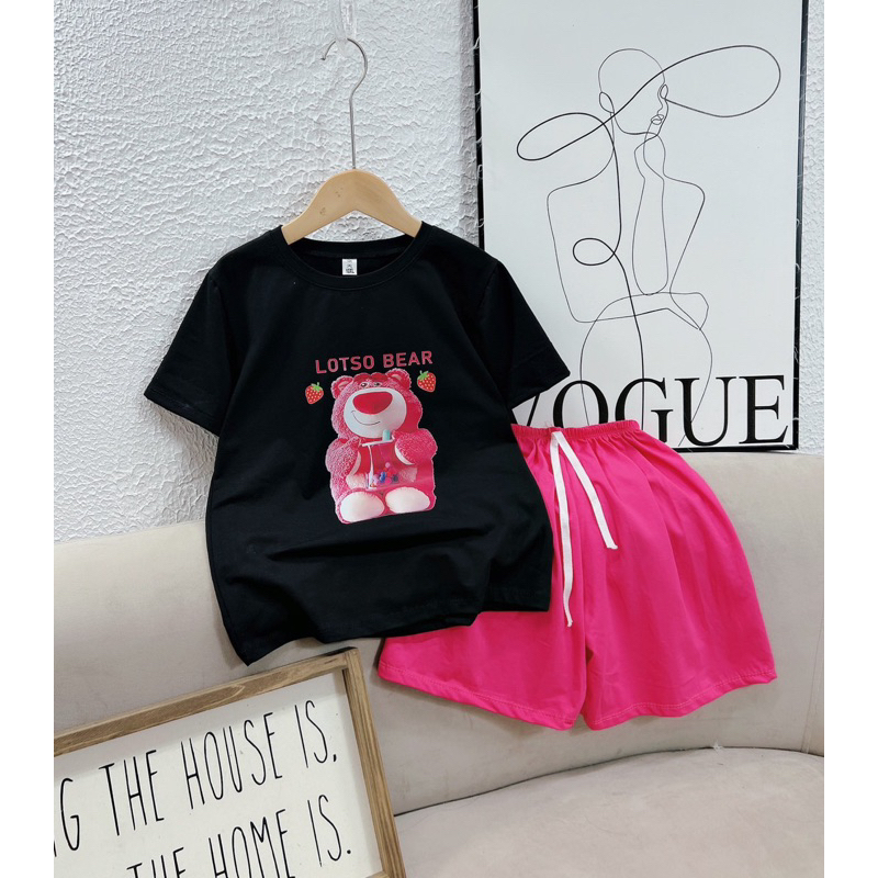 Đồ bé gái, set bộ cộc tay bé gái gấu dâu LOTSO BEAR chất cotton mịn mát, bộ quần áo bé gái mùa hè