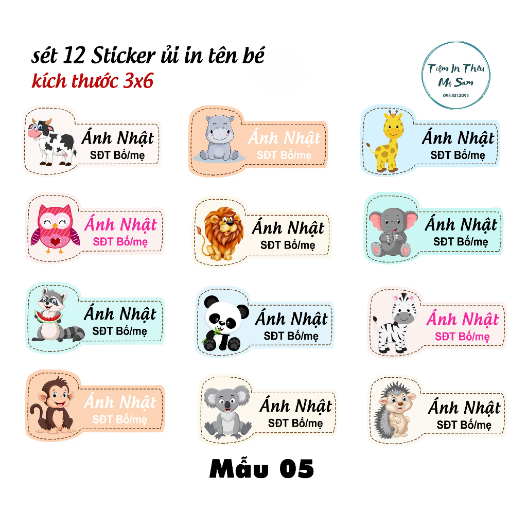Sticker ủi áo in tên trẻ em bộ 12 miếng kích thước 3 x 6 cm, Sticker động vật ngộ nghĩnh, đáng yêu, hình máy bay, ô tô