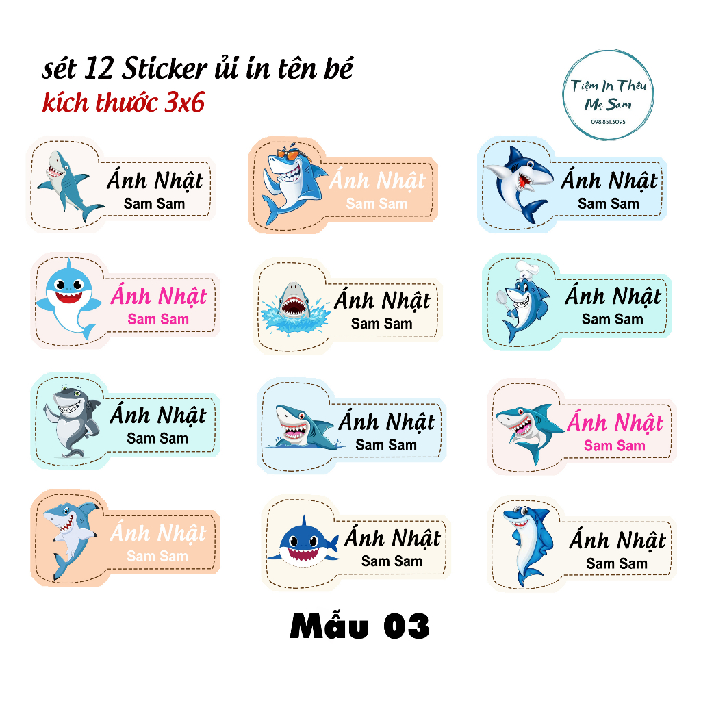 Sticker ủi áo in tên trẻ em bộ 12 miếng kích thước 3 x 6 cm, Sticker động vật ngộ nghĩnh, đáng yêu, hình máy bay, ô tô