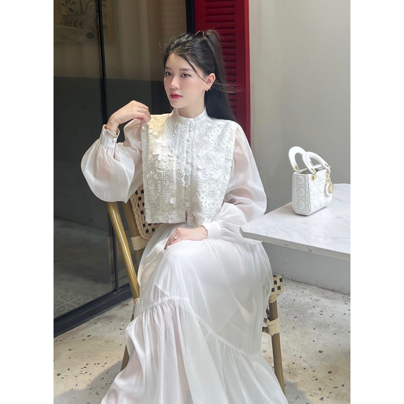 Set Voan Tay Bồng Áo Ren Hoa Nổi Dáng Croptop Chân Váy Xoè Lila Set Lypstudio