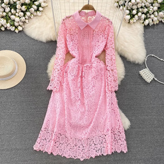 #2961 [Order/ Sẵn hồng] Đầm tay dài cổ sơ mi ren dáng A siêu xinh