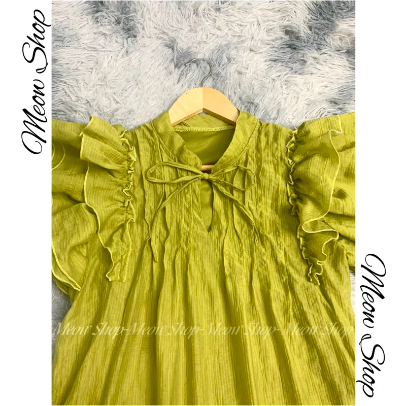 Váy Babydoll Tơ Đũi Nhăn Tay Bèo Cánh Tiên Cột Nơ Trước Siêu Xinh kèm ảnh thật