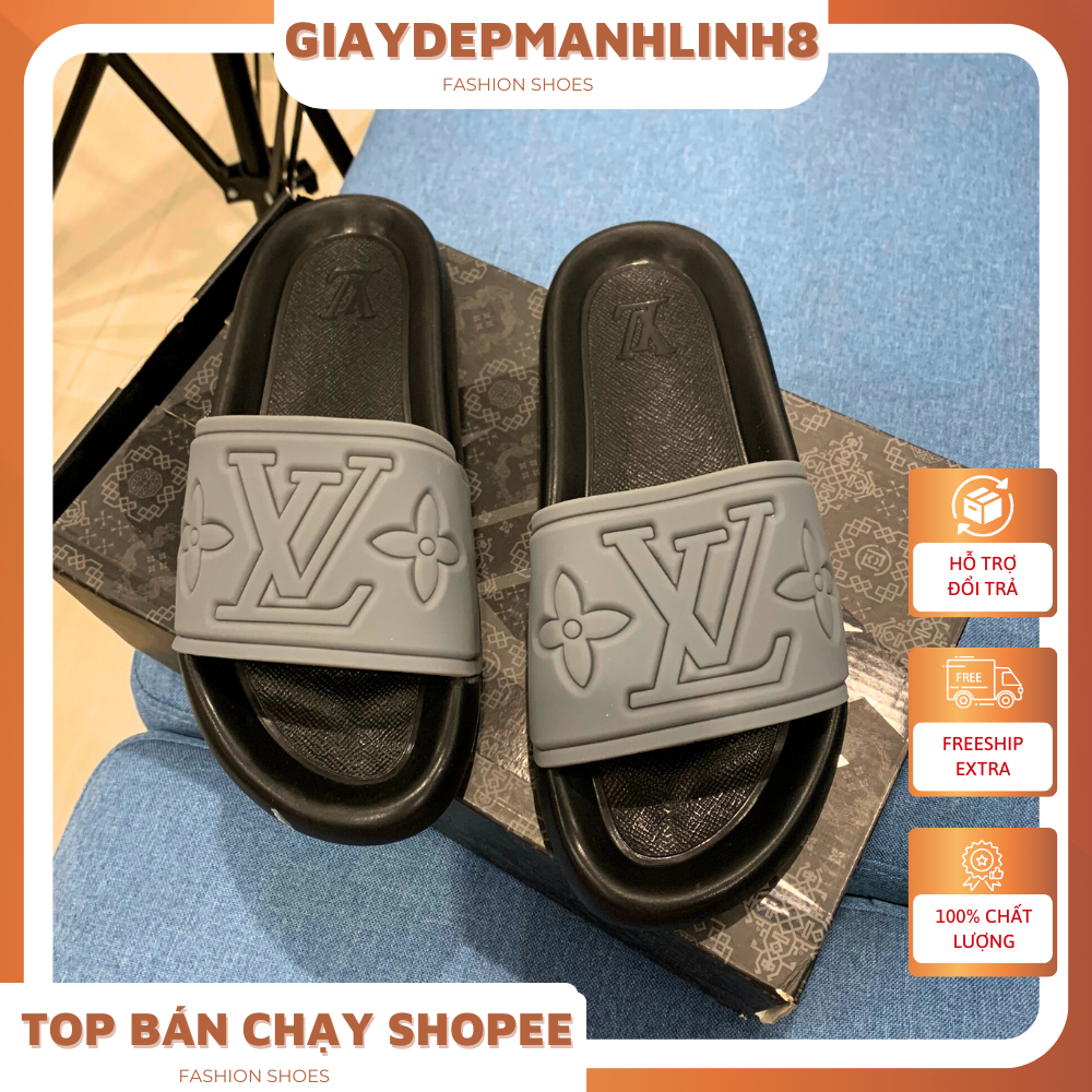 Dép Quai Ngang Đúc LV nguyên khối dành cho nam nữ , Dép bánh mì L.V màu đen trắng . Ảnh + clip thật