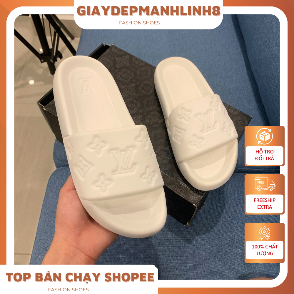 Dép Quai Ngang Đúc LV nguyên khối dành cho nam nữ , Dép bánh mì L.V màu đen trắng . Ảnh + clip thật
