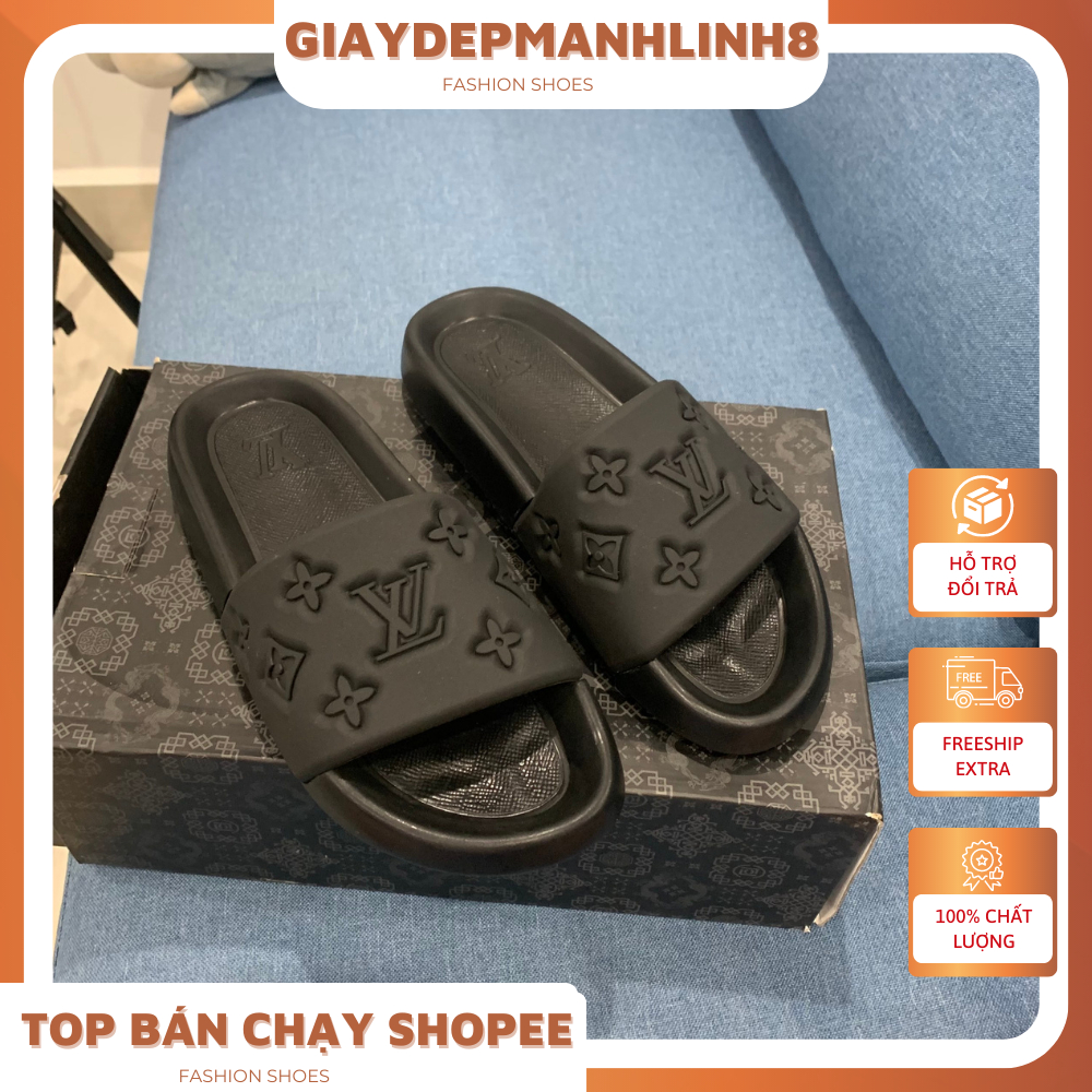 Dép Quai Ngang Đúc LV nguyên khối dành cho nam nữ , Dép bánh mì L.V màu đen trắng . Ảnh + clip thật