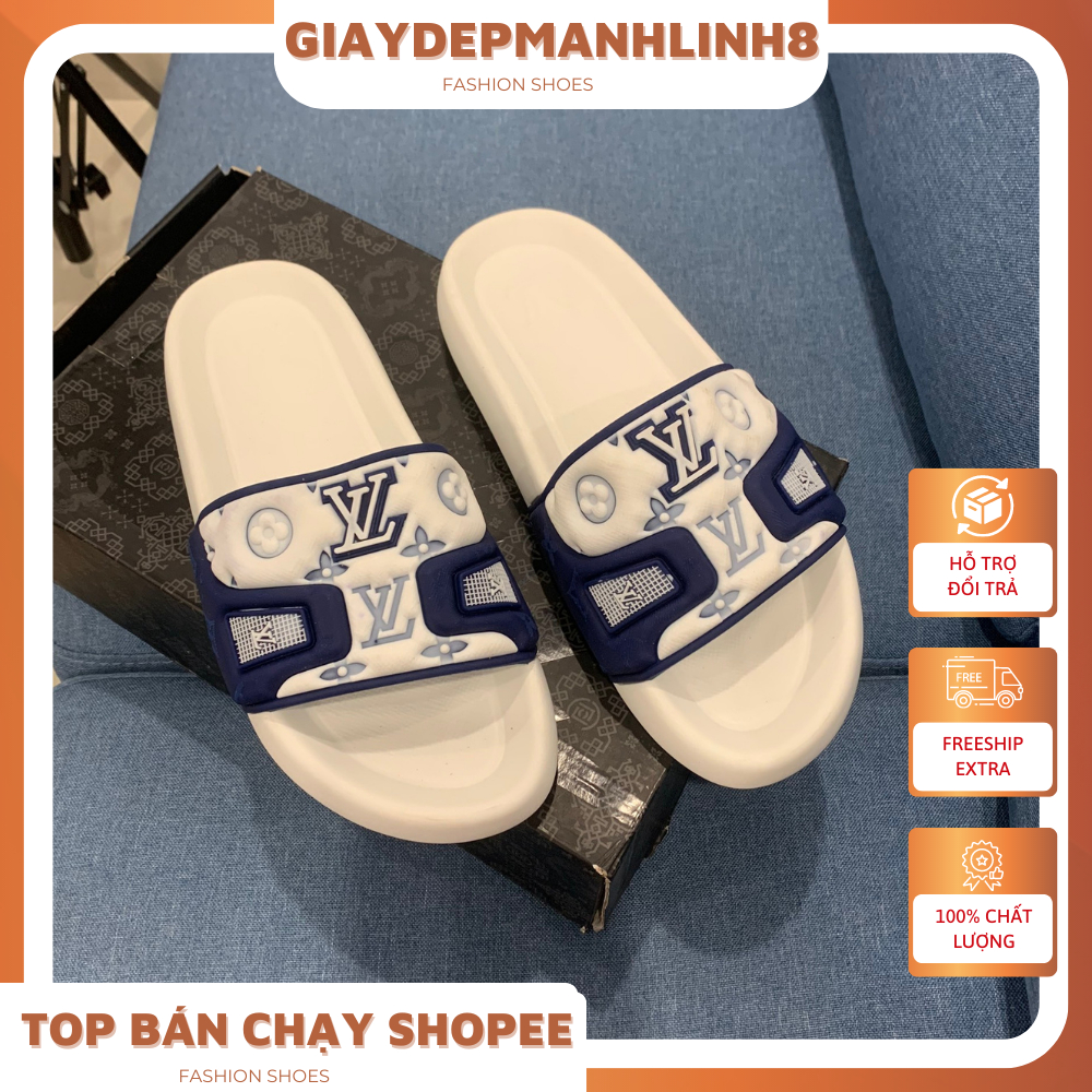 Dép Quai Ngang Đúc LV nguyên khối dành cho nam nữ , Dép bánh mì L.V màu đen trắng . Ảnh + clip thật
