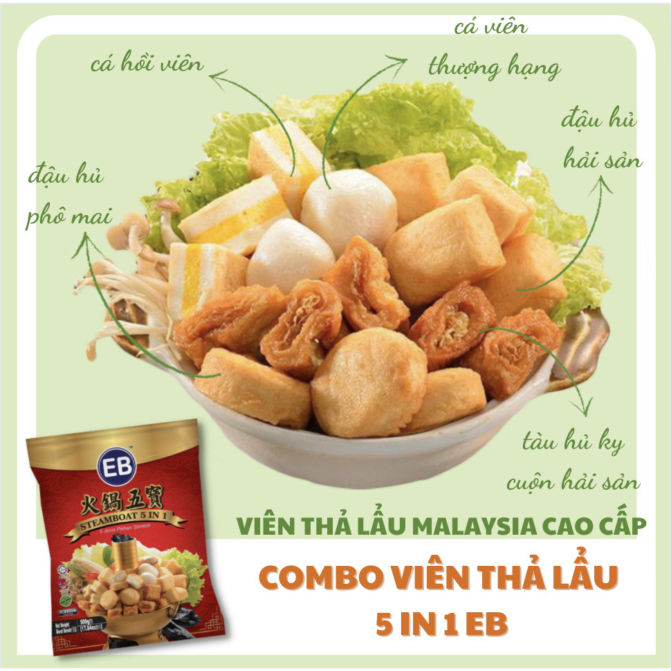 Thả lẩu 5 in 1 EB 500gr combo viên thả lẩu thập cẩm dùng nhúng lẩu, chiên, hấp, trộn mì Indomi