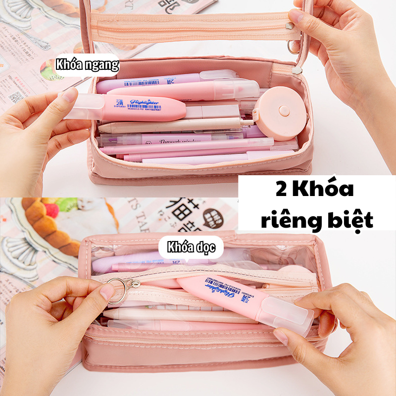 Túi Đựng Bút Size Lớn 2 Khóa Ngang-Dọc Trong Suốt Cute Hộp Bóp Viết Chống Nước Mĩ Phẩm Văn Phòng Phẩm Peach home