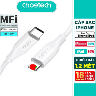 Dây cáp sạc nhanh 30w cho iphone ipad chuẩn mfi dài 120cm hiệu choetech ip0040 ip 14 13 12 pro max 14 plus