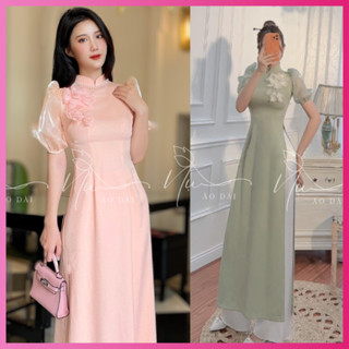 Áo dài nữ truyền thống, chất lụa tằm ướt tay bồng phối tơ kiểu dáng trẻ trung, ngực gắn hoa thủ công cao cấp đẹp rẻ