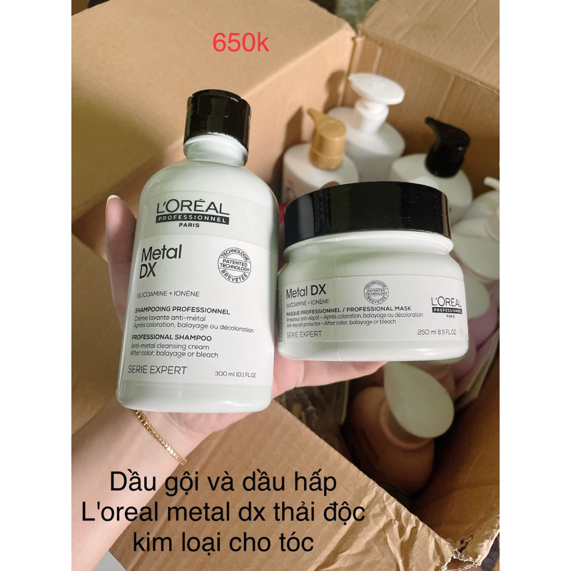 Combo dầu gội,hấp dầu, giúp thải độc kim loại tóc, phục hồi tóc hư tổn nặng Loreal Metal Detox