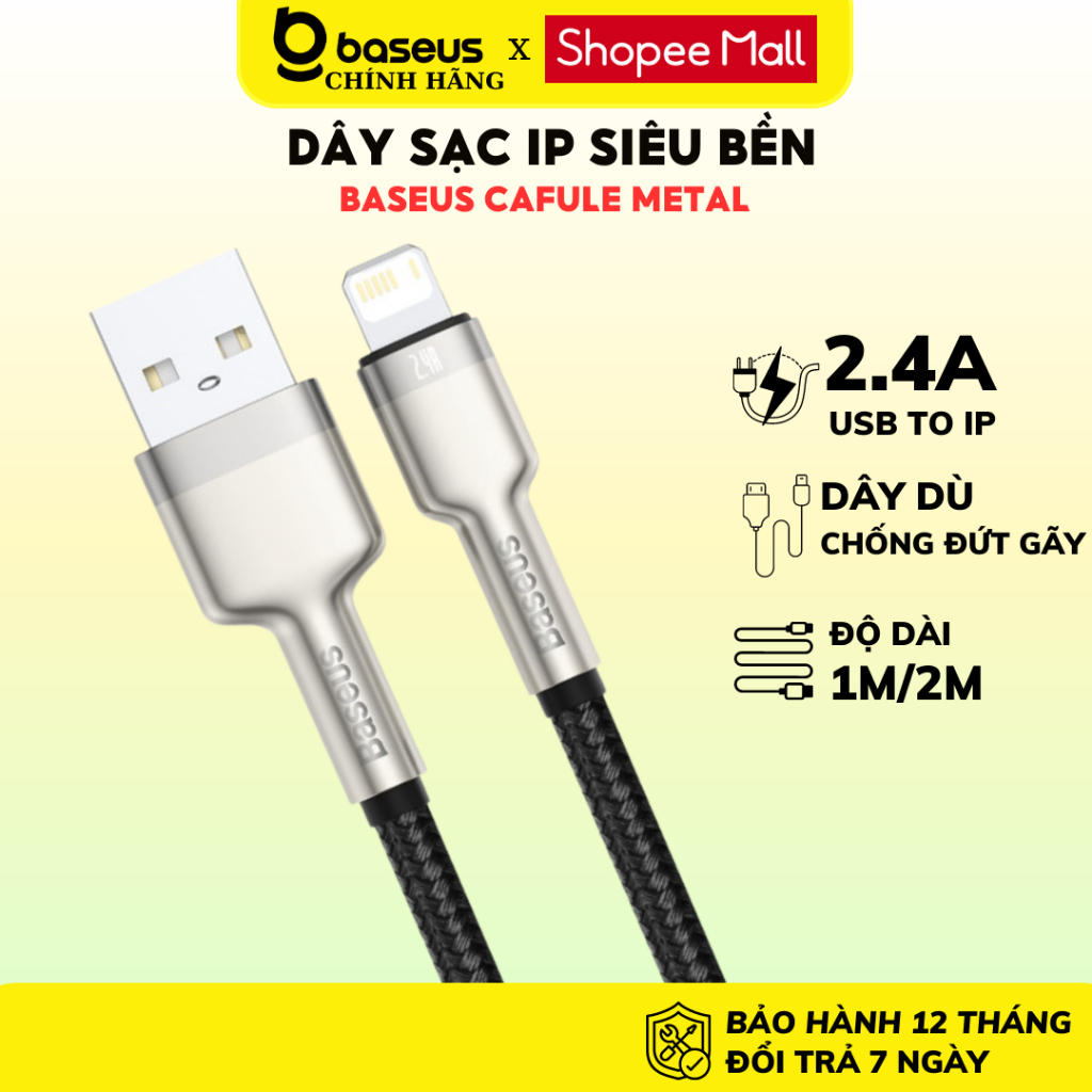 Cáp sạc nhanh Baseus Cafule Metal Dây bọc dù dài 1m 2m truyền dữ liệu cho iphone 8 x xmax 11 12 promax.