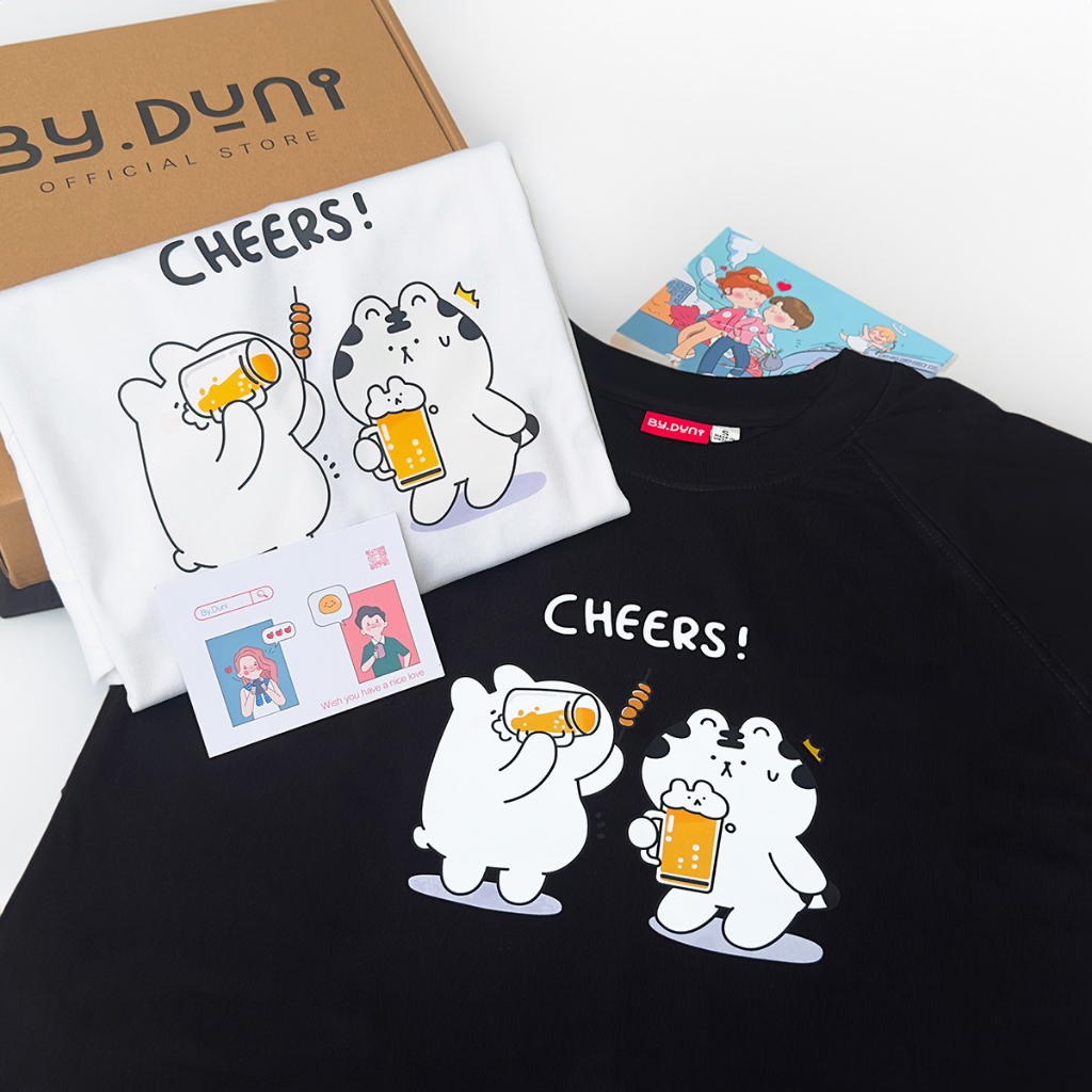 Áo thun cặp đôi BY.DUNI nam nữ Baby Tee & Oversized Tee local brand unisex, áo cặp quà tặng bạn thân cotton mẫu CHEERS