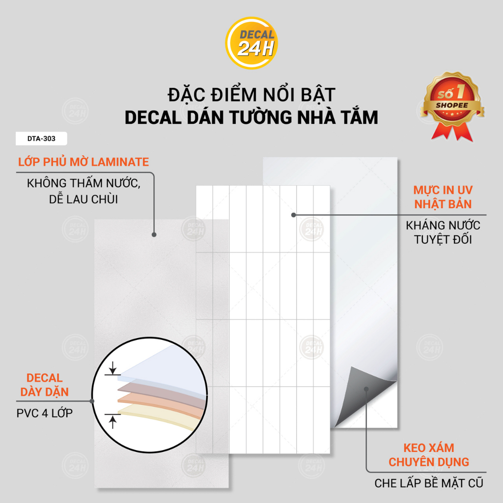 Giấy DECAL Decal24h dán tường nhà vệ sinh mẫu ô gạch loại dày chống thấm nước cao cấp DTA-303 - Cuộn 50m