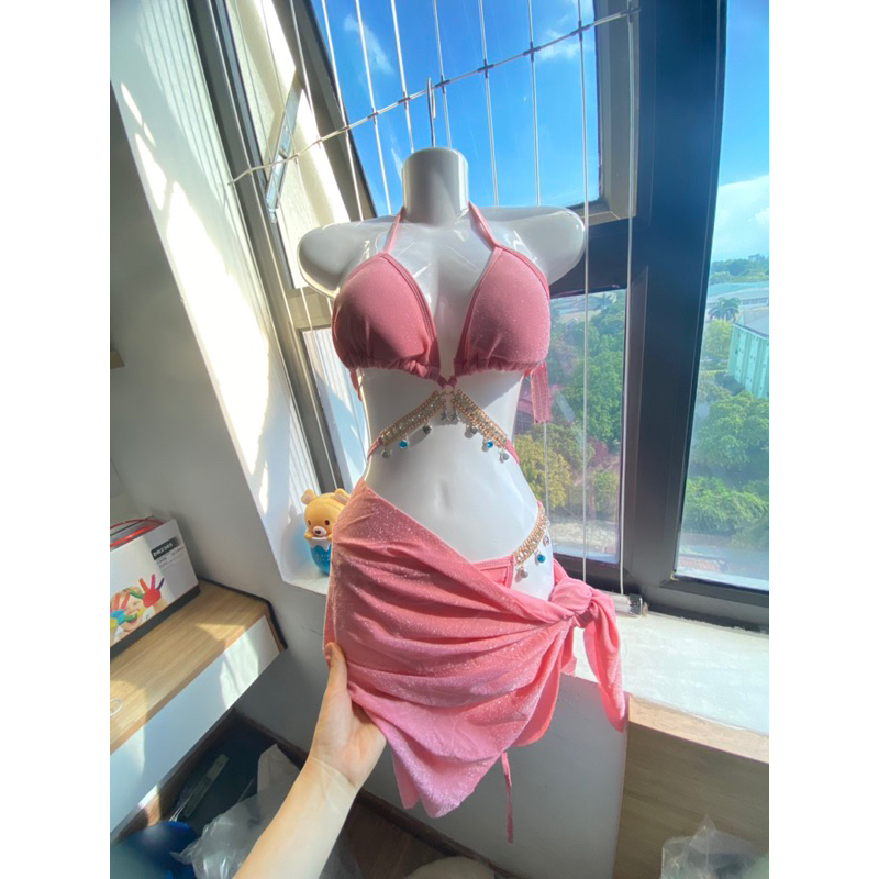 Set bikini đi biển 3 mảnh  màu hồng cam hot trend công chúa