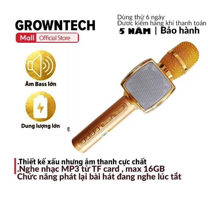 Micro karaoke bluetooth mini cầm tay GrownTech SD 16 đa năng âm thanh chuẩn âm bass to kết nối blutooth