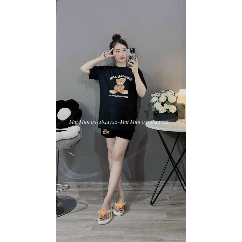 Bộ Cotton Bầu Hoạ Tiết Gấu Có Chun Điều Chỉnh