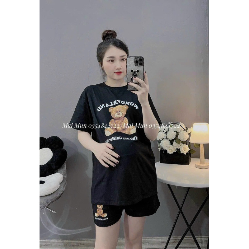 Bộ Cotton Bầu Hoạ Tiết Gấu Có Chun Điều Chỉnh