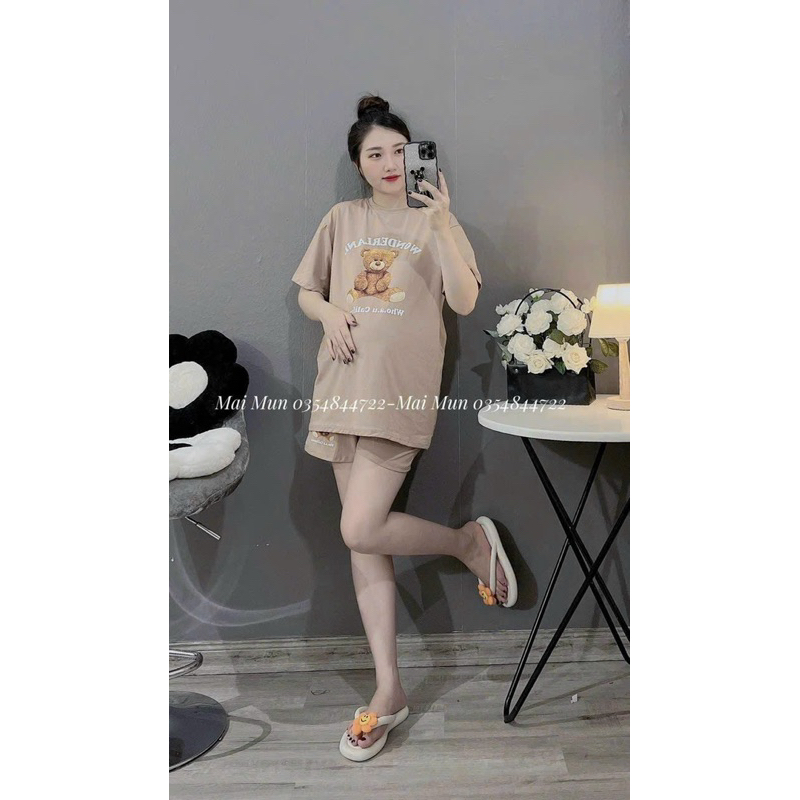 Bộ Cotton Bầu Hoạ Tiết Gấu Có Chun Điều Chỉnh