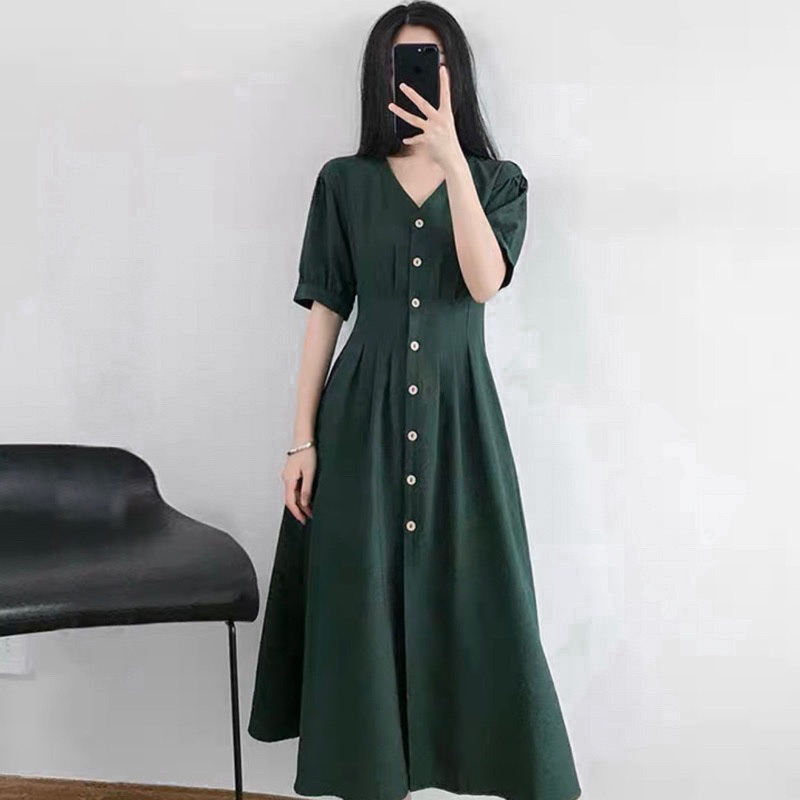 Đầm váy xanh lính nút dừa chiết eo cổ V dáng dài