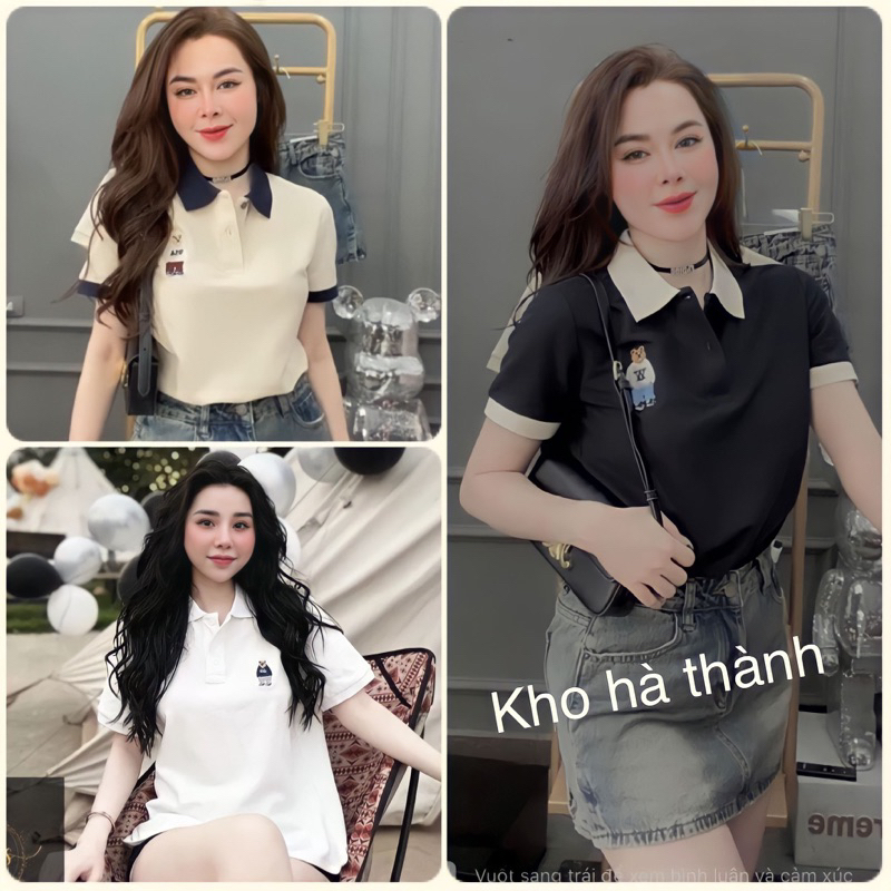 Áo polo nữ thêu gấu, áo polo chất vải poly cá sấu cho nữ