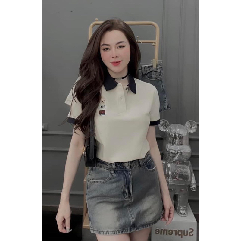 Áo polo nữ thêu gấu, áo polo chất vải poly cá sấu cho nữ