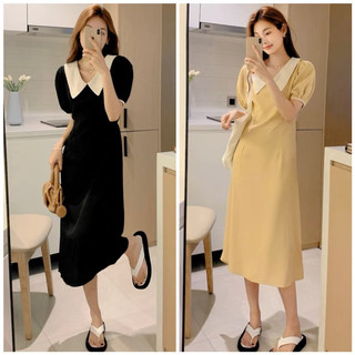 Đầm váy đen phối cổ sen trắng dáng dài có dây thắt eo