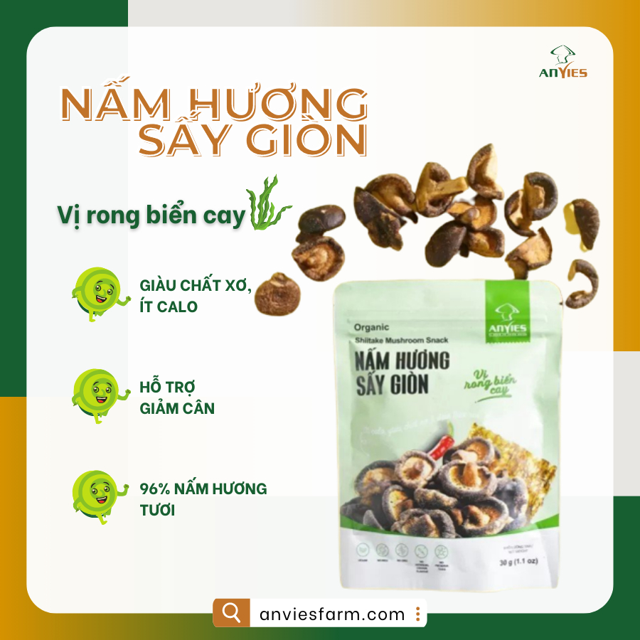 Snack Nấm Hương Sấy giòn Anvies Vị Rong Biển- ít calo, giàu chất xơ,giàu dinh dưỡng,tốt cho mẹ bầu, người ăn chay 180g