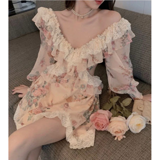 HEBE DRESS Đầm voan phối ren cổ V khoét eo tay bồng hoạ tiết hoa nhẹ nhàng nữ tính ulzzang SAM SAM BOUTIQUE