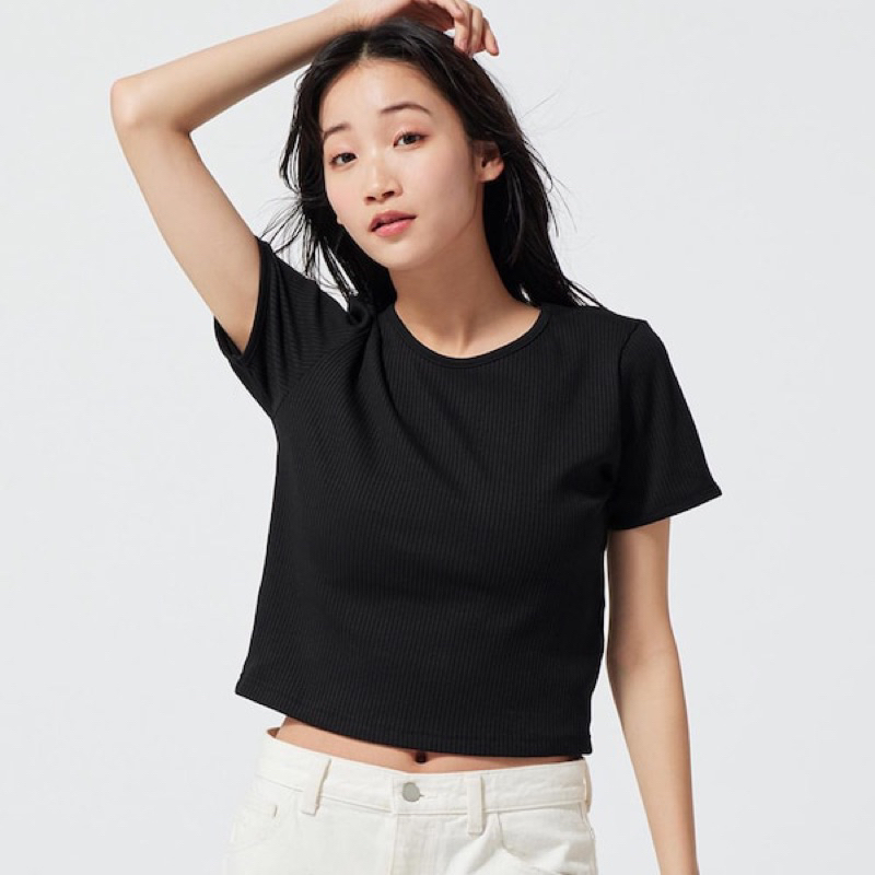Áo thun gân croptop buộc dây lưng GU Nhật