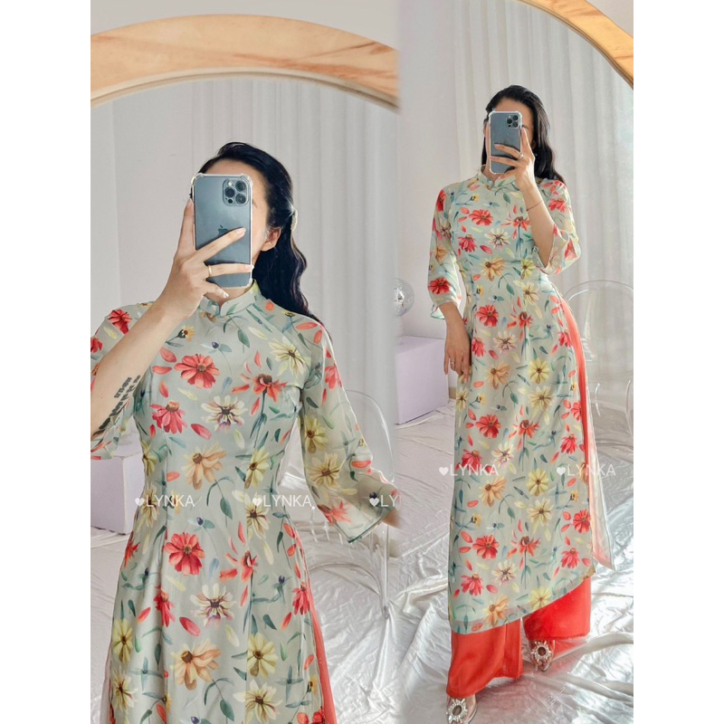 D20-SET KÈM QUẦN Áo dài tơ hàn 4 tà / aodailynka88