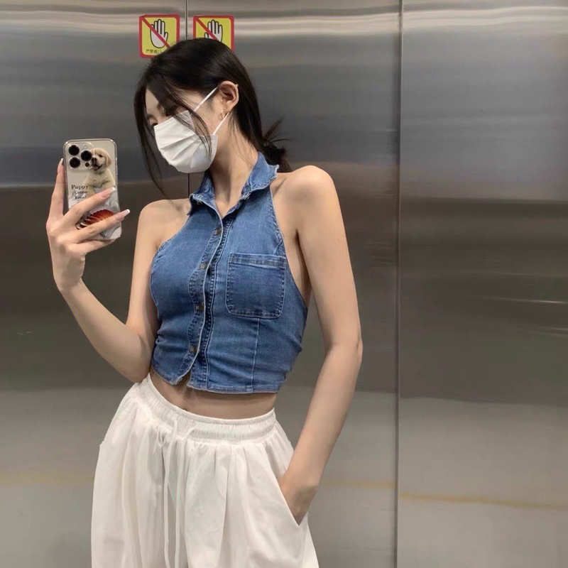 Áo yếm Jean gài nút, Áo croptop yếm jean sát nách hở lưng cổ bẻ cao cấp vải co dãn