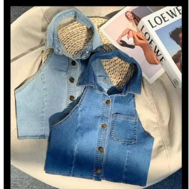 Áo yếm Jean gài nút, Áo croptop yếm jean sát nách hở lưng cổ bẻ cao cấp vải co dãn