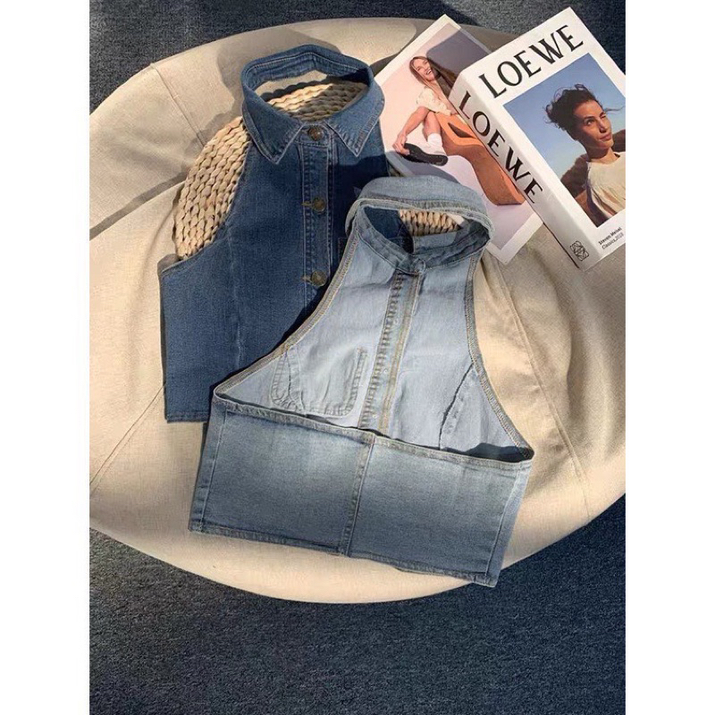 Áo yếm Jean gài nút, Áo croptop yếm jean sát nách hở lưng cổ bẻ cao cấp vải co dãn