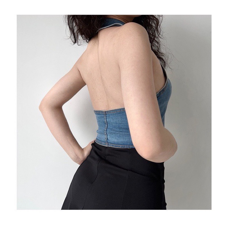 Áo yếm Jean gài nút, Áo croptop yếm jean sát nách hở lưng cổ bẻ cao cấp vải co dãn