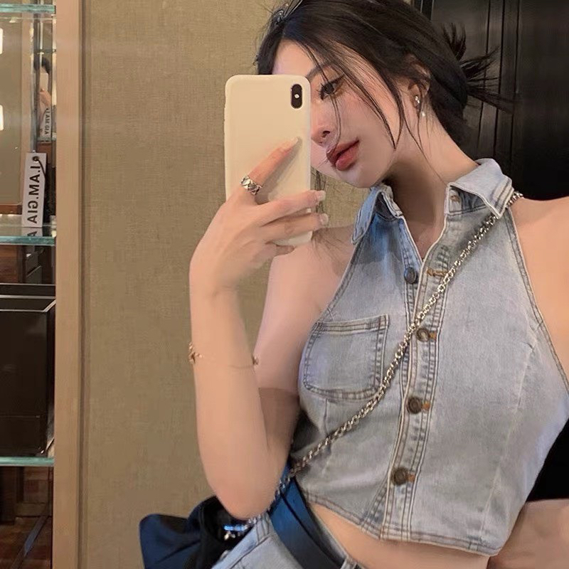 Áo yếm Jean gài nút, Áo croptop yếm jean sát nách hở lưng cổ bẻ cao cấp vải co dãn