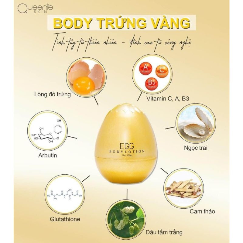 Kem body trứng vàng Queenie Skin, kem trắng da body 250gr chính hãng, trắng bật tone sau 10 ngày,dưỡng da, chống nắng