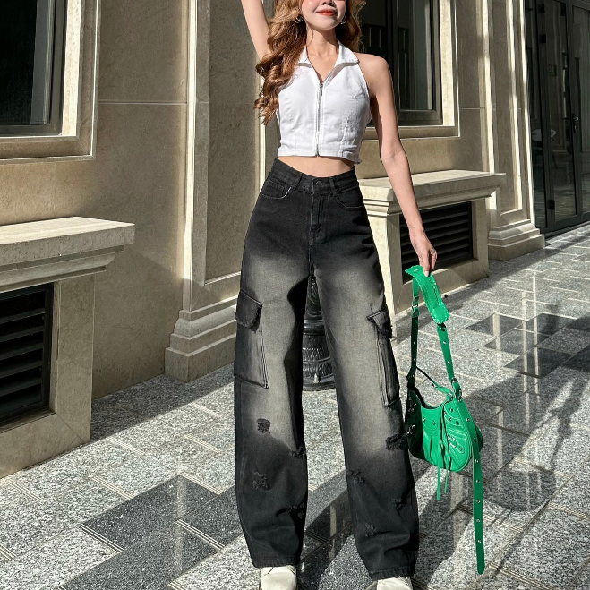QUẦN JEANS ỐNG RỘNG NỮ LƯNG CAO 2 TÚI NẮP HÔNG PHỐI RÁCH ĐÙI MÀU TRẮNG ĐEN NÂU LAI CUỐN