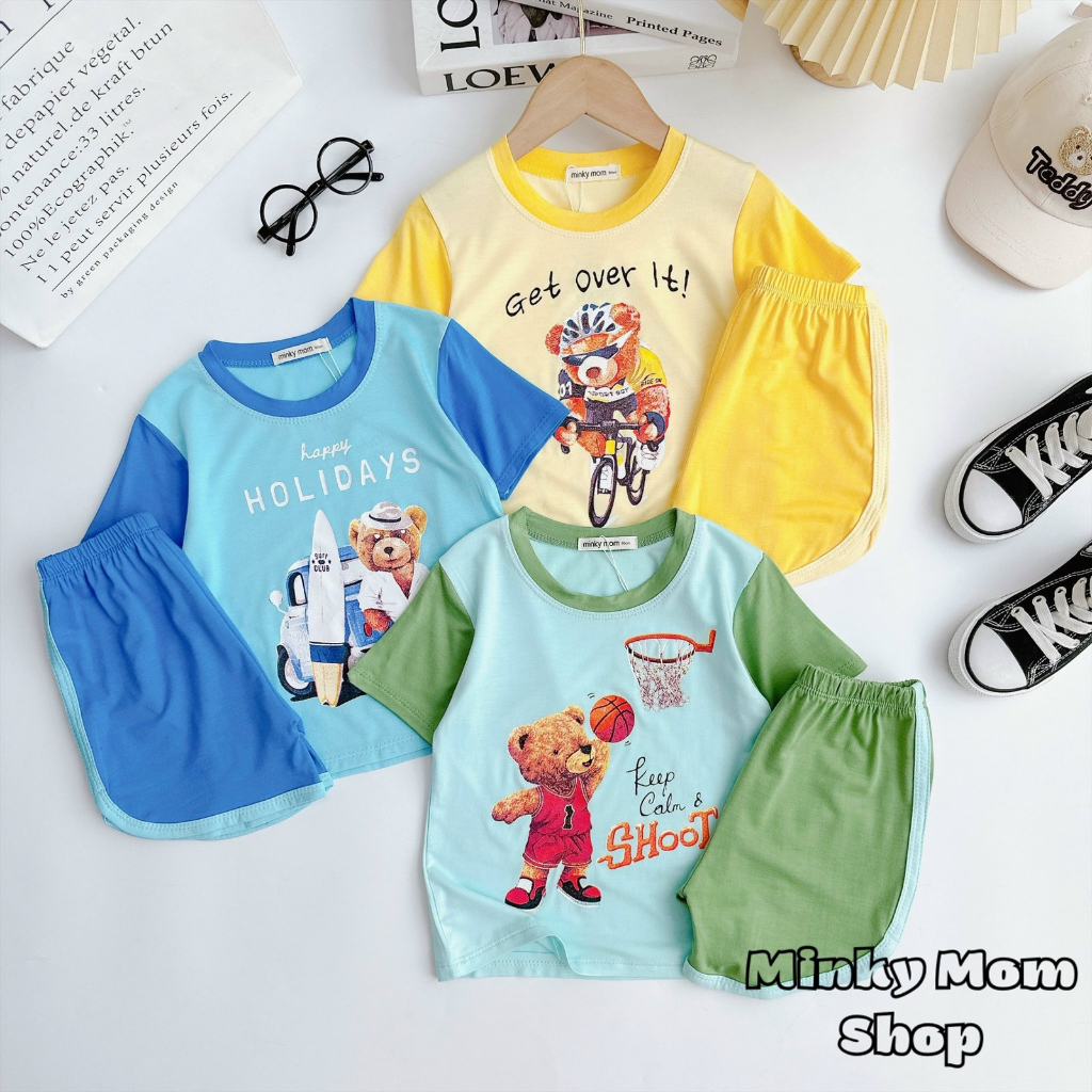 Bộ quần áo mùa hè cộc tay hình gấu dễ thương chất cotton cho bé trai bé gái