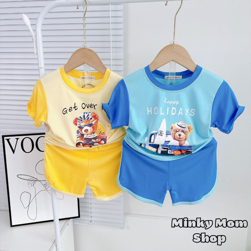 Bộ quần áo mùa hè cộc tay hình gấu dễ thương chất cotton cho bé trai bé gái