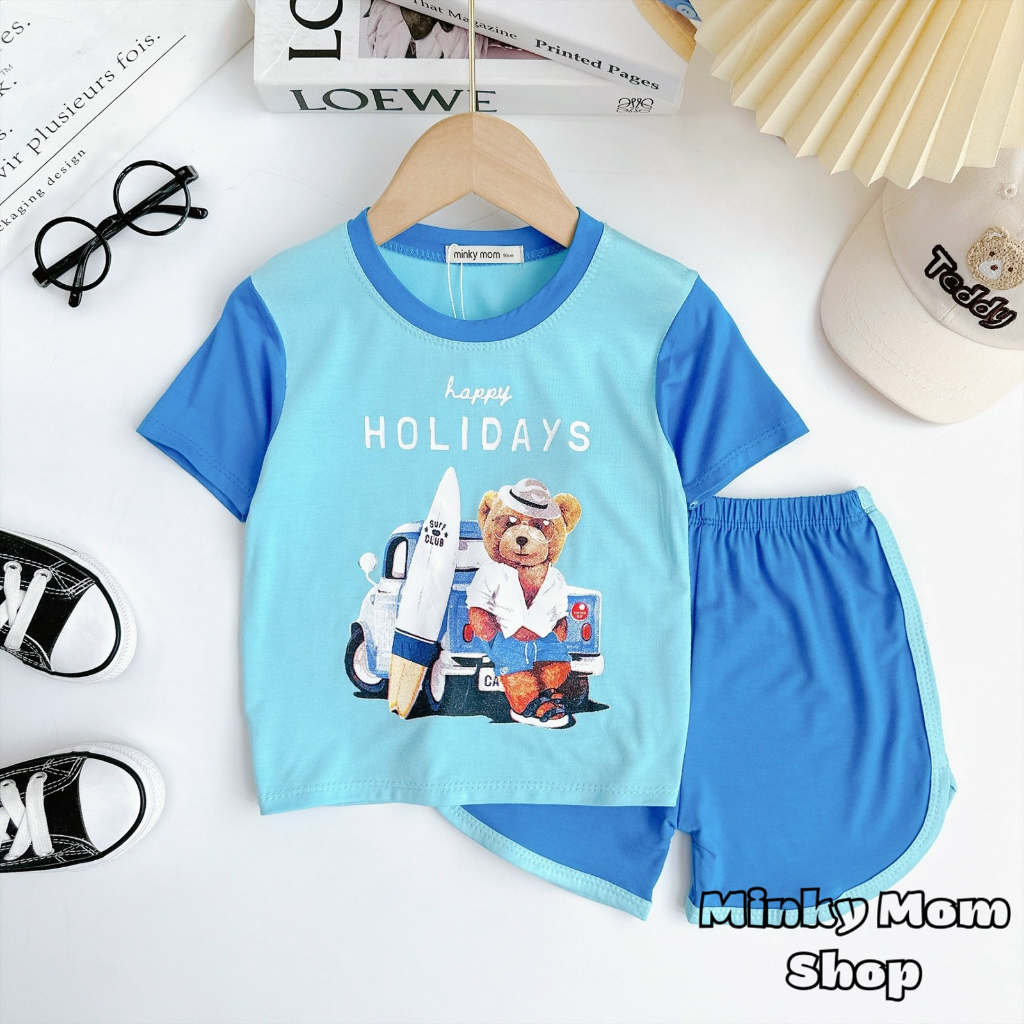 Bộ quần áo mùa hè cộc tay hình gấu dễ thương chất cotton cho bé trai bé gái