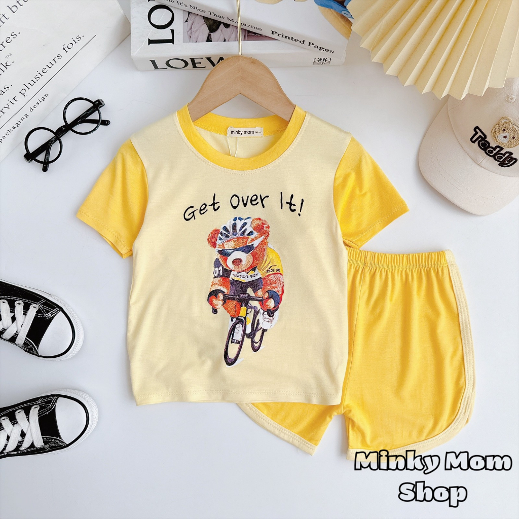 Bộ quần áo mùa hè cộc tay hình gấu dễ thương chất cotton cho bé trai bé gái